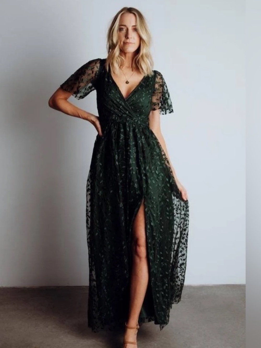 Baltic Born Forest Green Lace Maxi Dress with V-Neck